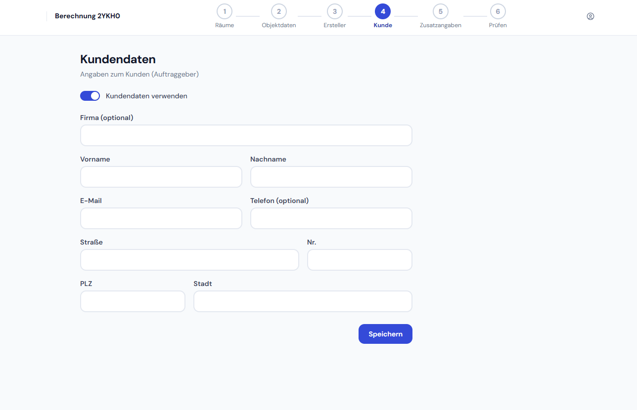 Wohnflächenberechnung Kundendaten angeben