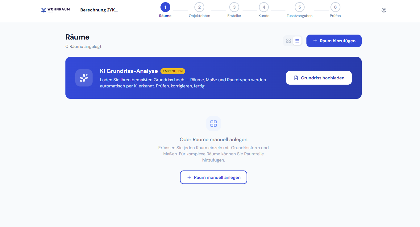Wohnflächenberechnung Räume hinzufügen